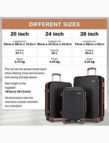 Set de 3 valises - 55/65/75 cm abs+pc 4 roulettes serrure tsa - kono