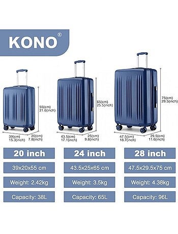 Set de 3 valises - 55/65/75 cm, rigide abs, extensible, 4 roues 360°, serrure tsa - kono