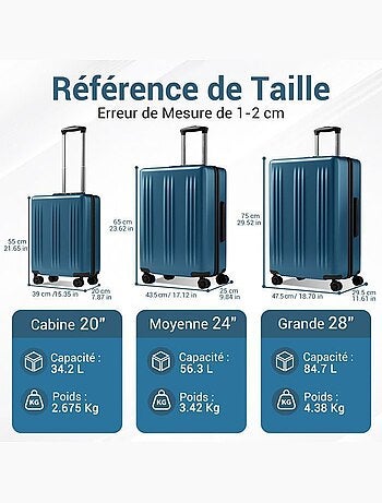 Set de 3 valises - 55/65/75 cm, rigide abs + pc, 4 roues 360°, serrure tsa - kono