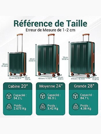 Set de 3 valises - 55/65/75 cm, rigide abs + pc, 4 roues 360°, serrure tsa - kono