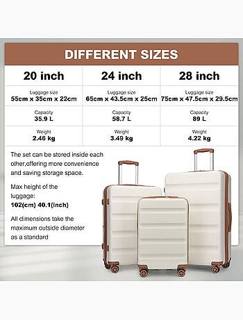 Set de 3 valises - 55/65/75 cm, rigide abs + pc, 4 roues, serrure tsa - kono