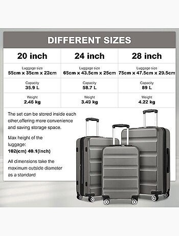 Set de 3 valises - 55/65/75 cm, rigide abs + pc, 4 roues, serrure tsa - kono