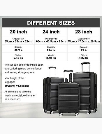 Set de 3 valises - 55/65/75 cm, rigide abs + pc, 4 roues, serrure tsa - kono