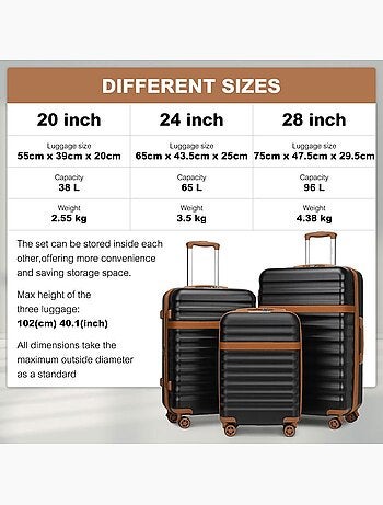 Set de 3 valises - 55/65/75 cm, rigide abs + pc, extensible, 4 roues 360°, serrure tsa - kono