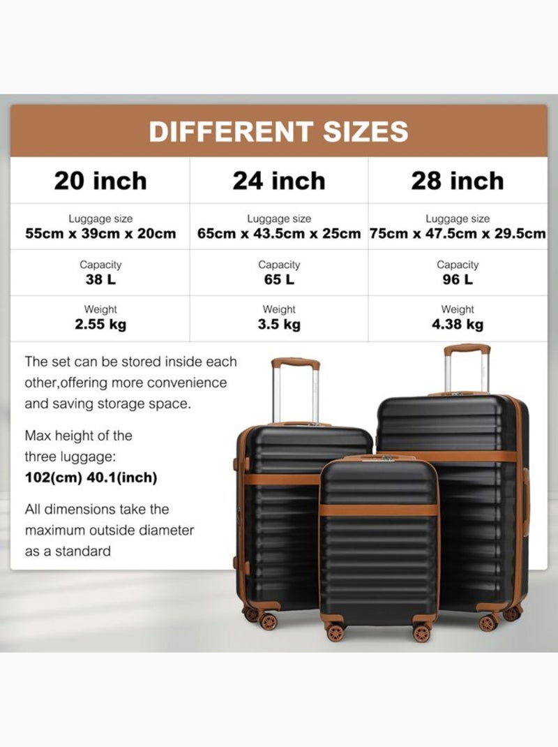 Set de 3 valises - 55/65/75 cm, rigide abs + pc, extensible, 4 roues 360°, serrure tsa - kono Noir - Kiabi
