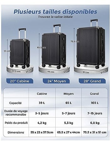 Set de 3 valises - 55/65/75 cm, rigide polycarbonate, 4 roues 360°, serrure tsa - kono