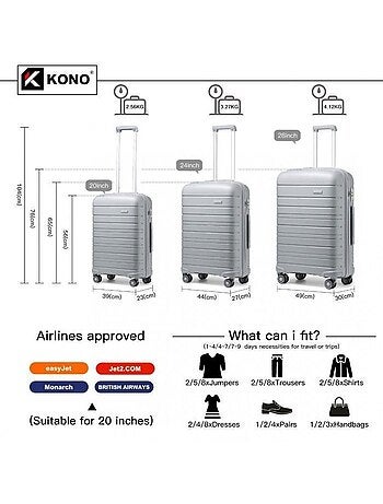 Set de 3 valises - 55/65/76 cm abs 4 roulettes serrure tsa - kono