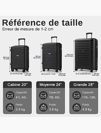 Set de 3 valises - 55/65/76 cm, rigide, extensible, 4 roues 360°, serrure tsa - kono