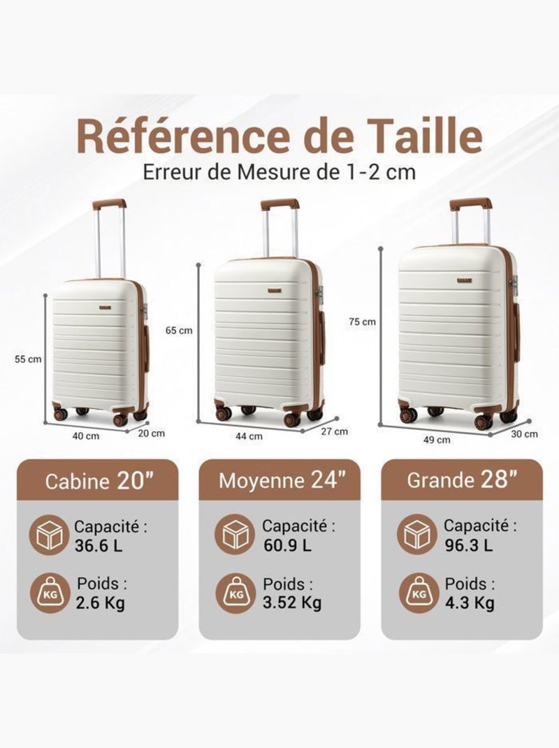 Set de 3 valises - 55/65/76 cm, rigide polypropylène (pp), 4 roues, serrure tsa - kono Blanc - Kiabi