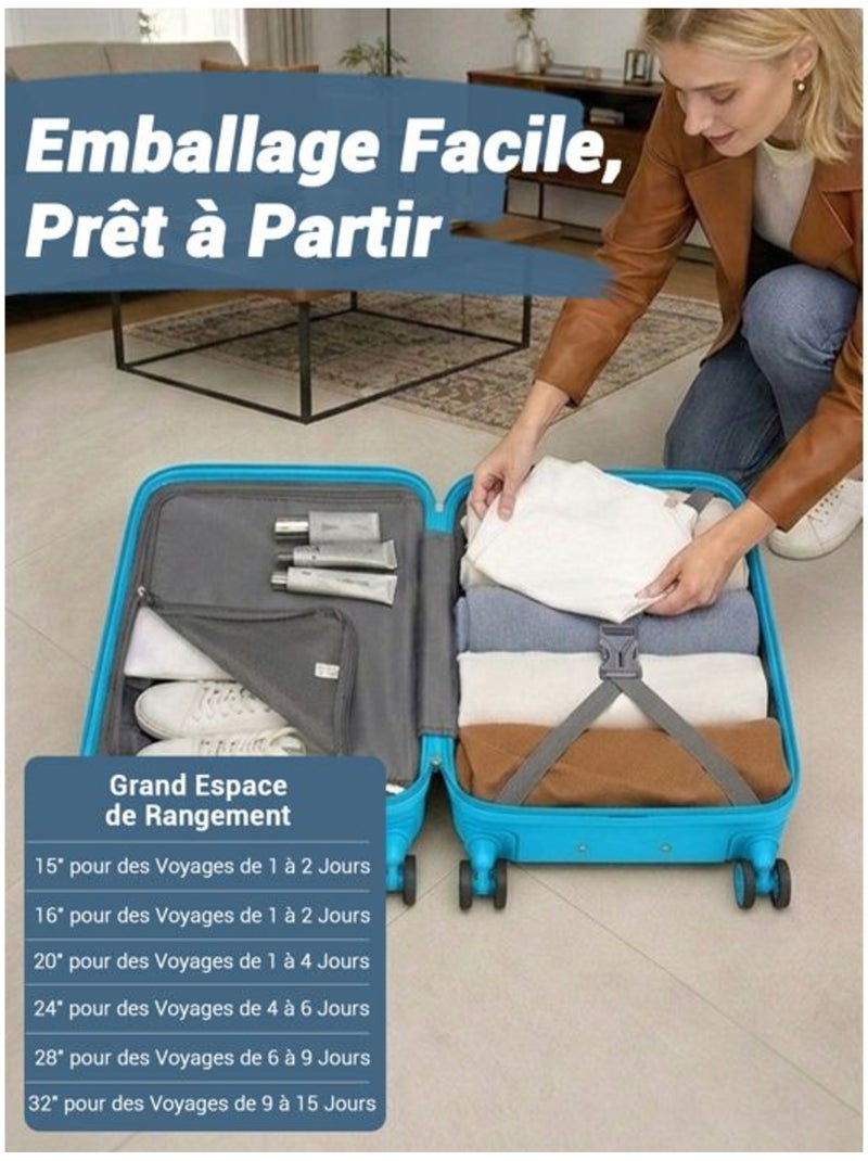Set de 3 valises - 55/66/75 cm abs+pc 4 roulettes serrure tsa - kono Bleu - Kiabi