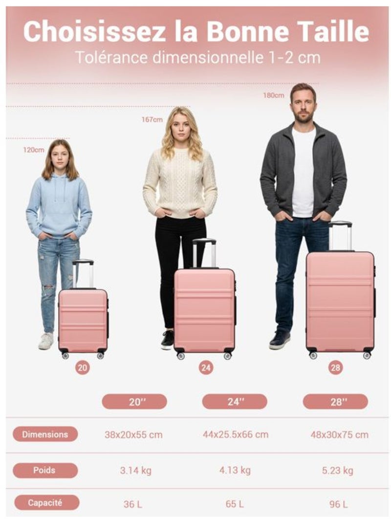 Set de 3 valises - 55/66/75 cm abs+pc 4 roulettes serrure tsa - kono Rose - Kiabi