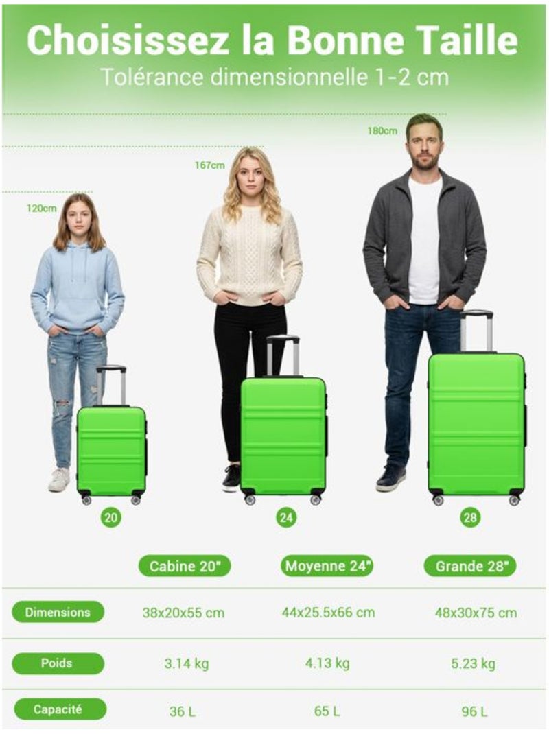 Set de 3 valises - 55/66/75 cm abs+pc 4 roulettes serrure tsa - kono Vert - Kiabi