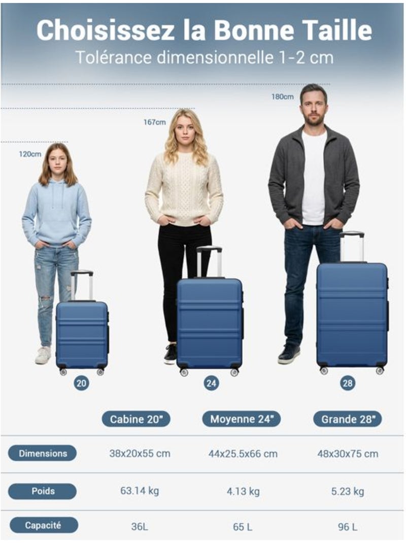 Set de 3 valises - 55/66/75 cm, rigide abs + pc, 4 roues 360°, serrure tsa - kono Bleu - Kiabi