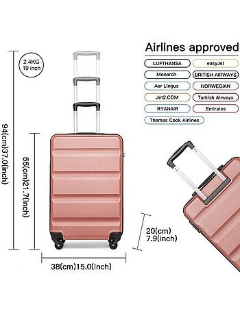 Set de 3 valises - 55x38x20 cm, rigide abs, 4 roues, serrure tsa - kono
