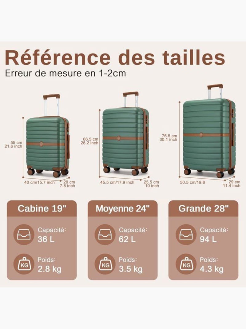 Set de 3 valises - 55x40x20 cm, abs + pc, 4 roues - kono Vert - Kiabi