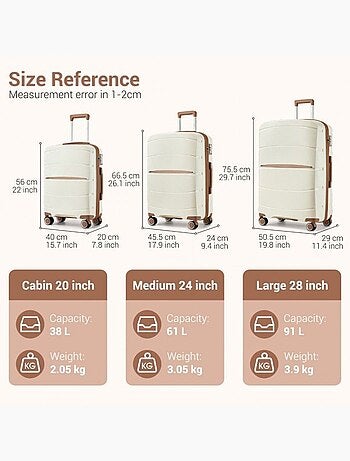 Set de 3 valises - 56/66/75 cm polypropylène 4 roulettes serrure tsa - kono