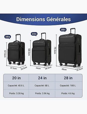 Set de 3 valises - 57.5/68.5/79.5 cm, souple, 4 roues 360°, serrure tsa - british traveller