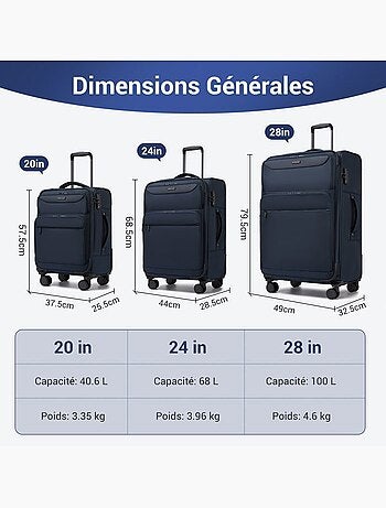Set de 3 valises - 57.5/68.5/79.5 cm souple 4 roulettes serrure tsa - british traveller