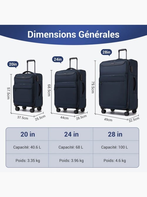 Set de 3 valises - 57.5/68.5/79.5 cm souple 4 roulettes serrure tsa - british traveller - Kiabi