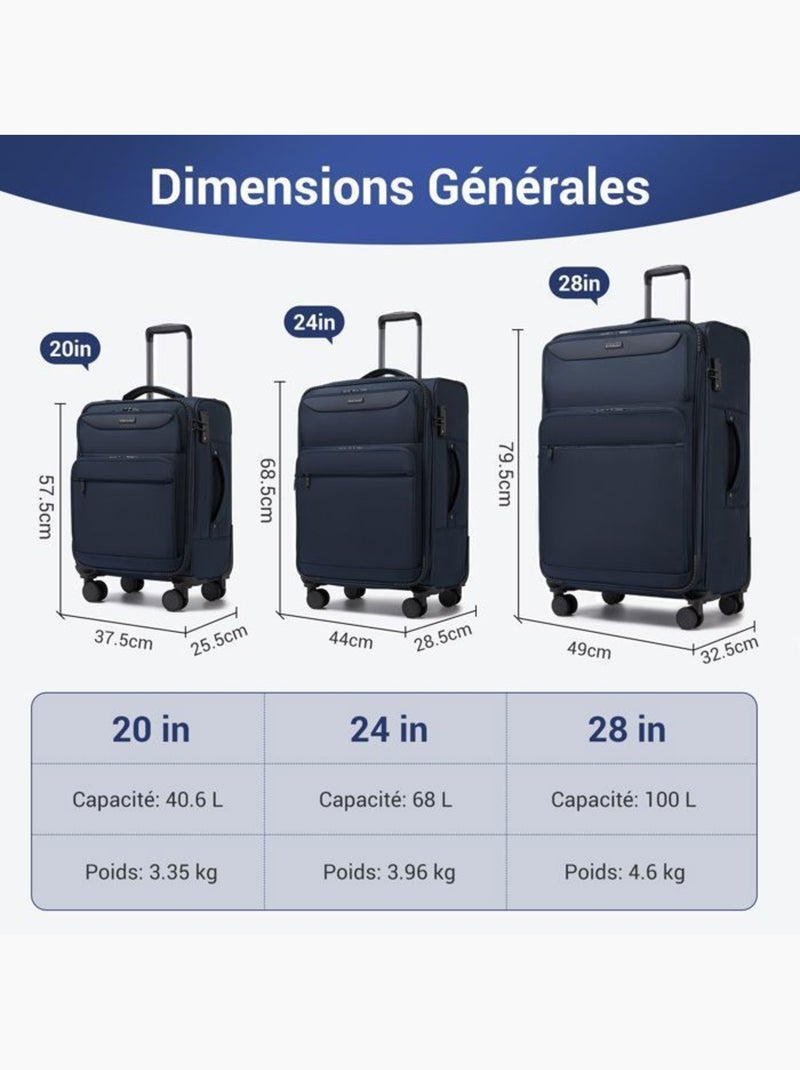 Set de 3 valises - 57.5/68.5/79.5 cm souple 4 roulettes serrure tsa - british traveller Bleu - Kiabi
