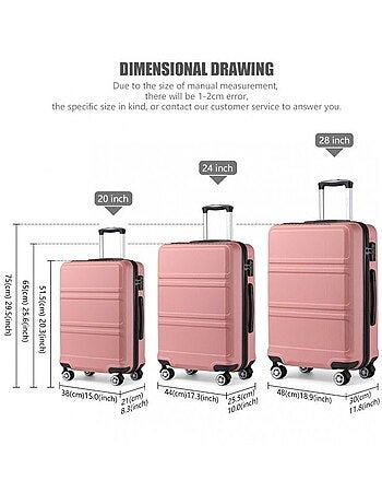 Set de 3 valises - rigide, abs, légère, 4 roulettes, serrure tsa - kono