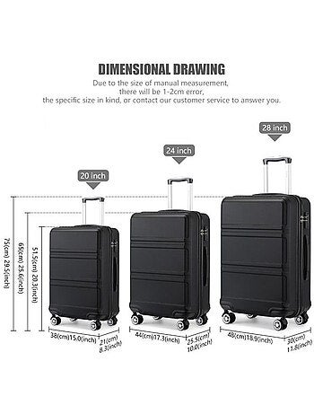 Set de 3 valises - rigide, abs, légère, 4 roulettes, serrure tsa - kono