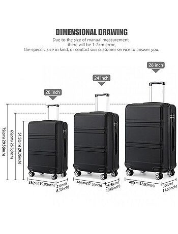 Set de 3 valises - rigide, abs, légère, 4 roulettes, serrure tsa - kono