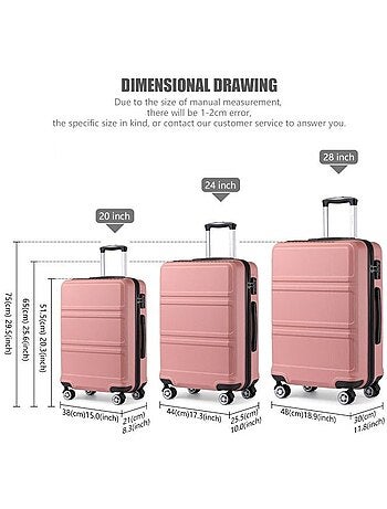 Set de 3 valises - rigide, abs, légère, 4 roulettes, serrure tsa - kono