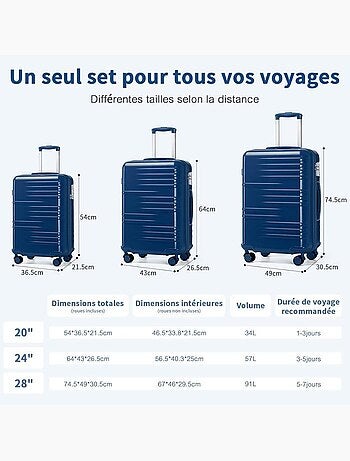 Set de 3 valises - rigide abs + pc, 4 roues, serrure tsa - british traveller