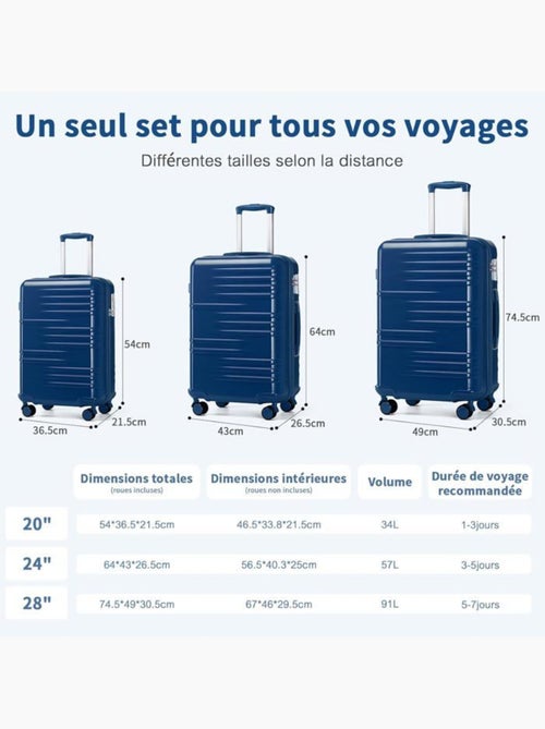 Set de 3 valises - rigide abs + pc, 4 roues, serrure tsa - british traveller - Kiabi