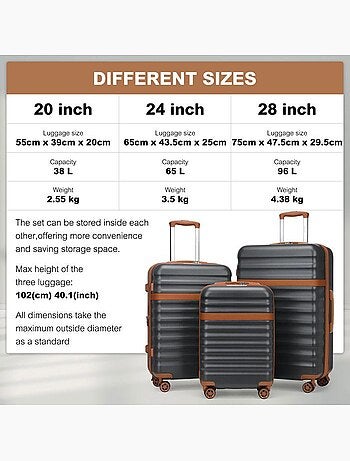 Set de 3 valises - rigide abs + pc, extensible, 4 roues 360°, serrure tsa - kono