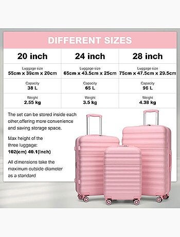 Set de 3 valises - rigide abs + pc, extensible, 4 roues, serrure tsa - kono
