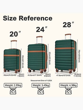 Set de 3 valises - rigide abs + pc, extensible, 4 roues, serrure tsa - kono