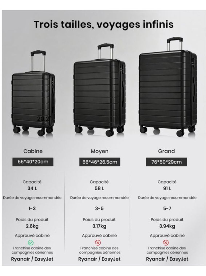 Set de 4 bagages - rigide, abs, légère, 4 roulettes, serrure tsa - kono Noir - Kiabi