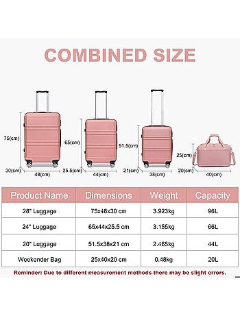 Set de 4 bagages - rigide, abs + polycarbonate, légère, 4 roulettes - kono