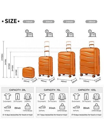 Set de 4 bagages - rigide, légère, serrure tsa - kono
