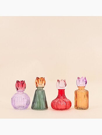 Set de 4 bougeoirs fleurs en verre couleurs assorties