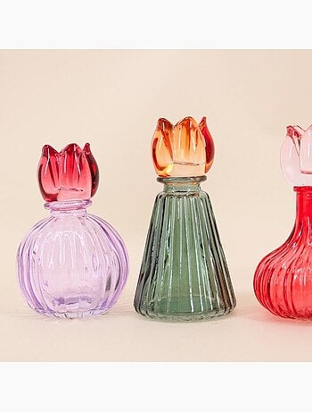Set de 4 bougeoirs fleurs en verre couleurs assorties