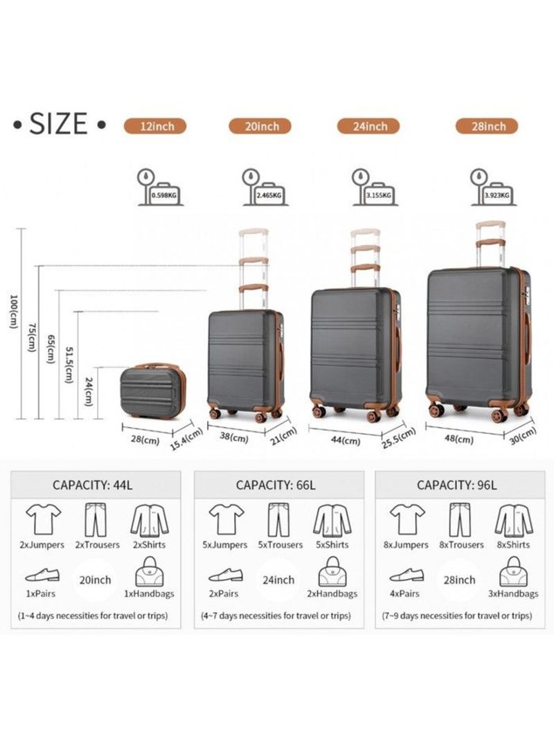 Set de 4 valises - 28+51.5+65+74 cm rigide 4 roulettes serrure tsa - kono Gris - Kiabi