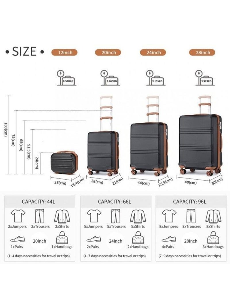 Set de 4 valises - 28/51.5/65/75 cm 4 roulettes serrure tsa - kono Noir - Kiabi