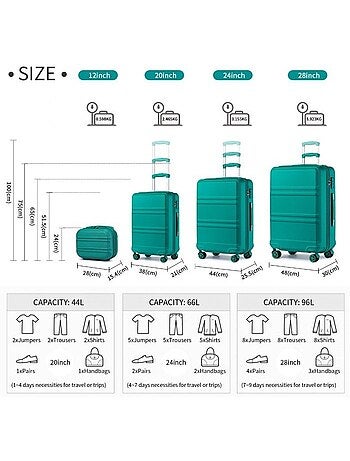 Set de 4 valises - 28/51/65/75 cm rigide 4 roulettes serrure tsa - kono