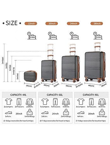 Set de 4 valises - 28/51/65/75 cm rigide 4 roulettes serrure tsa - kono