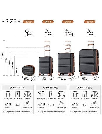 Set de 4 valises - 28/51/65/75 cm rigide 4 roulettes serrure tsa - kono