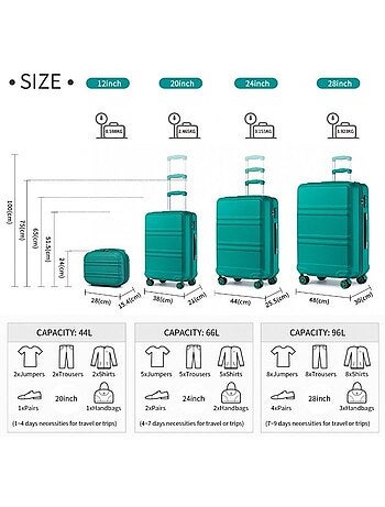 Set de 4 valises - 51.5/65/75 cm, rigide abs, extensible, 4 roues 360°, serrure tsa - kono
