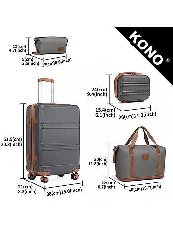 Set de 4 valises - 51.5x38x21 cm, rigide abs, extensible, serrure tsa - kono