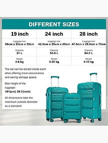 Set de 4 valises - 55/65/76 cm, souple, 4 roues 360°, serrure tsa - kono