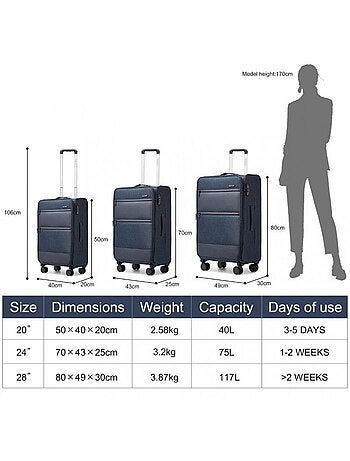 Set de 5 valises - 50/70/80 cm, souple, extensible, 4 roues 360°, serrure tsa - british traveller
