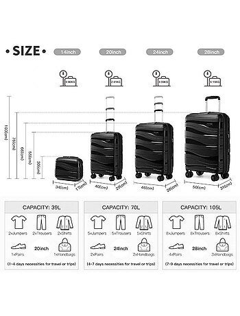 Set de 5 valises - 55/66/76 cm, rigide, serrure tsa - kono