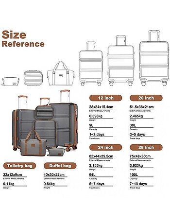 Set de 6 valises - 24/51/65/75 cm, rigide, serrure tsa - kono