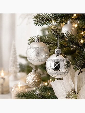 Set de 8 boules de noël décor carreaux argent